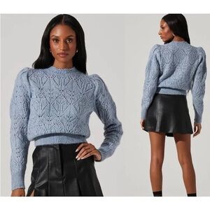 ASTR The Label Evy Light Blue Marled Pointelle Knit Sweater Crew Neck Women’s L